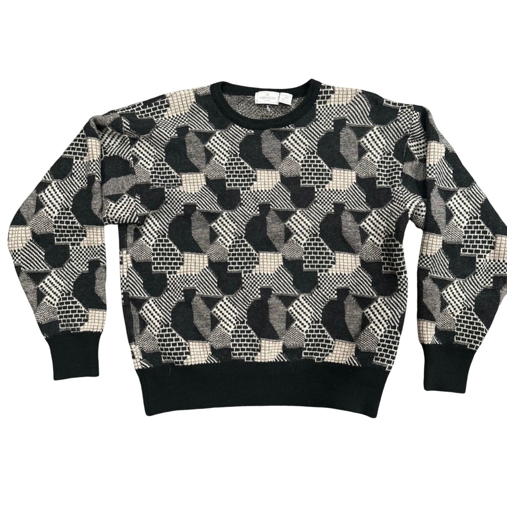 Valentino Uomo Vintage 100% Worsted Wool Geometric Intarsia Sweater Black Grey M